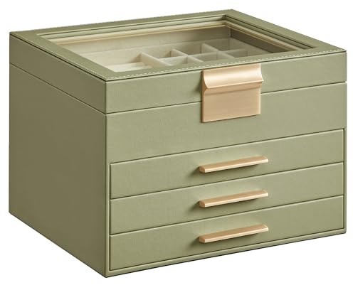SONGMICS GISELLA Collection - Jewelry Box Organizer, 4-Layer Jewelry Storage with 3 Drawers, Shiny Metal Hardware, Glass Lid, Modern, 8 x 9.1 x 6.5 Inches, Avocado Green and Gold Color UJBC173C02