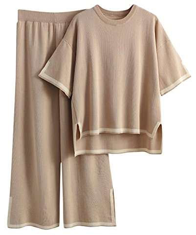 Conjunto de dos piezas de jersey para mujer: suéter y pantalón de pierna ancha de manga corta, conjunto de ropa de casa, conjunto de jogging, caqui, Talla única