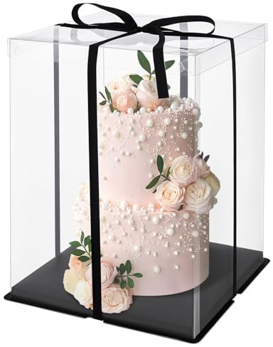 Warmiehomy Clear Cake Box, 10 inch Tall Cake Box, Transparent Cake Boxes, Plastic Cake Boxes with Base and Ribbon, Large Gift Box for Birthday Wedding Christmas Party