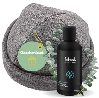 frihed. Sauna Geschenkset - mit Saunahut in steingrau & Saunaaufguss Eukalyptus in Geschenkverpackung - für Männer und Frauen - Made in Lüneburg