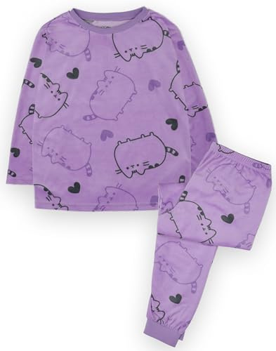 Pusheen Girls Pyjama Set | Purple Velour Fleece All Over Print PJs For Kids | Long Sleeve T-Shirt & Long Leg Pants | Internet Cat Loungewear Pyjama | Teens Cute Nightwear