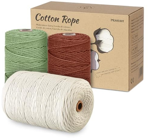 Makramee Garn 3mm Set, Homewit 400 m Natürliches Qetlavee, Baumwolle Garn in 3 Farben, Makramee Starter Set, Geeignet für Bastelarbeiten, Stricken, Dekoration im Bohème-Stil, Wanddekoration