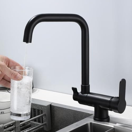 Robinet Cuisine 3 Voies Pivotant 360°, Mitigeur Cuisine Rabattable 2 Poignées, Robinet de Cuisine 3 Voies Laiton-Noir