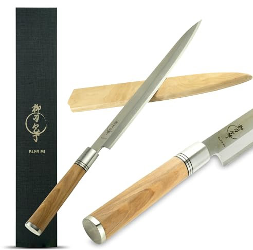 Alfa Mi Coltello da sushi giapponese. Coltelli giapponesi yanagiba cucina professionale 27 cm, utensili da cucina filettare salmone, manico in legno di ulivo e fodero