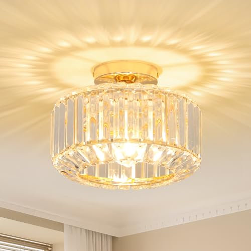 Stepeak Doré Plafonnier Salon Cristal avec Abat-jour en Verre - Lustre Moderne pour Chambre, Salle à Manger, Couloir, Cuisine
