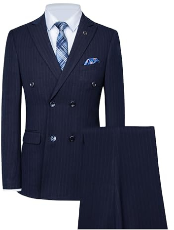 Ensemble élégant à Double Boutonnage pour Hommes Smoking à Double Boutonnage Ensemble Formel 2 pièces Costume à Rayures Fines Pantalons Ensemble (Bleu,4TG)