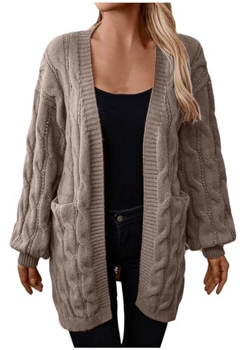 Cardigan Femme Long Tricot Torsade Leger Veste Hiver Chaud avec Poches Casual Pull Chic et Elegant Manche Longue Devant Ouvert Chandail Femme Gilet Doux et Confortable Basic uni Blouson (Khaki, L)