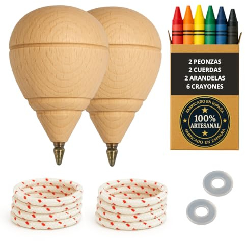 Trottola in legno per bambini, confezione da 2 pezzi + 6 cere colorate + 2 rondelle | fatto a mano in Spagna con punta a penna.