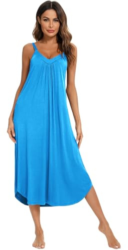 Jlowesun Women'S Pajamas, Soft Cotton Comfortable Long Loungewear with Wavy Hemline,V-Neck Full Slip Loose Stretchy Strappy Dresses L Sky Blue