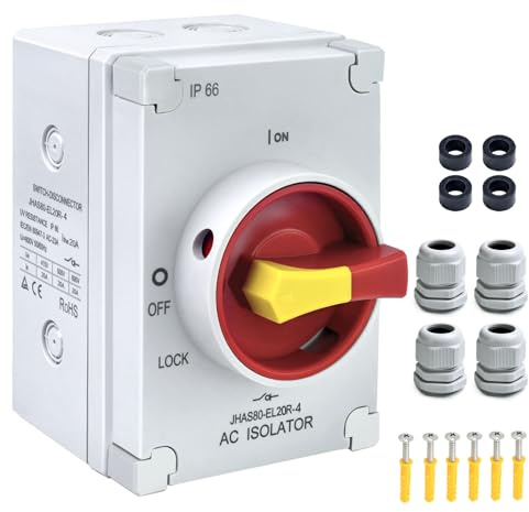 UL-Listed 20Amp AC Disconnect Switch 800V AC; Rotary PV Isolation On Off 4-Pole; IP66 Waterproof Disconnect Box Outdoor Breaker Power Off