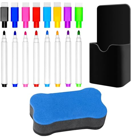 Pennarelli Lavagna Bianca Cancellabile, 8 pezzi Basso Odore Spessore Punta Grossa Penna Cancellabile e 1 Gomma 1 Portapenne Magnetico, Marker Pennarelli per l'insegnante Scuola Casa Ufficio(8 colori)