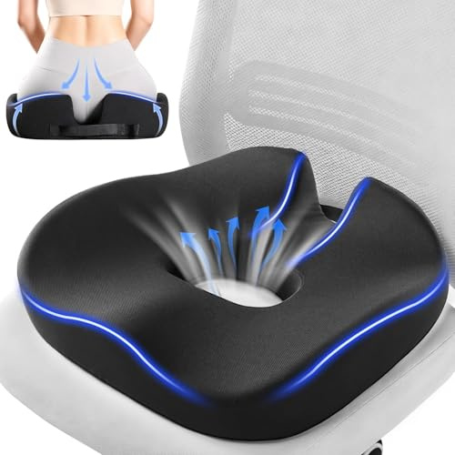Donut Cushion, Memory Foam Seat Cushions with Center Hole & U-Shaped Design, Ergonomic Office Chair Cushion Support for Long Sitting, Anti-Slip Seat Cushion for Office, Car, Home, Wheelchair, Black