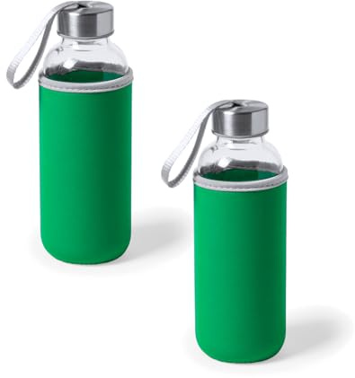 Genérico Juego de 2 Botellas de Agua de Cristal de 420ml con Funda de Neopreno y Tapa de Seguridad, Botellas Reutilizables de Bebidas para Deporte, Oficina y Viajes (Verde)
