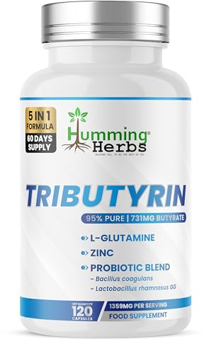 Humming Herbs Tributyrin Complex – 120 Vegan Capsules (60 Days) | 95% Pure Tributyrin, L-Glutamine, Zinc (as Zinc-L-Carnosine), Prebiotic FOS & Probiotic Blend