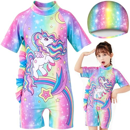 VorPrillynt Bañador Niña Natacion, Unicornio Bañador Niña, Bañadores Niña con Gorro de Piscina, Traje de Baño Niña para Piscina y Playa, 6-8 Años