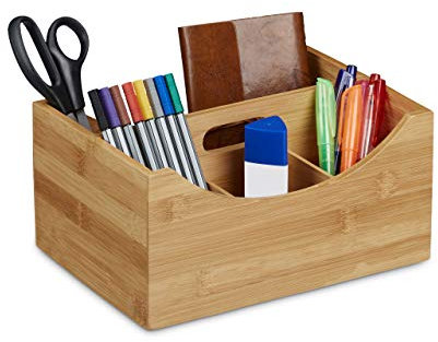 Relaxdays Schreibtischorganizer Bambus, Stifteköcher, 4 Fächer, Griff, natürliche Maserung, HxBxT: ca. 12 x 25 x 18 cm, natur