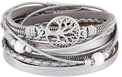 StarAppeal Wickelarmband mit Perlen, Ketten, Flechtelement und Lebensbaum Anhänger, Magnetverschluss Silber, Damen Armband (Hellgrau-Silber)