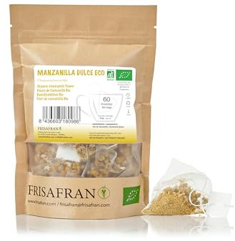 FRISAFRAN | Flores de entera de manzanilla en pirámides Bio 60unidad | INFUSIÓN DE KAMILLEL | Té de hierbas relajante | Origen Europa | Manzanilla para dormir