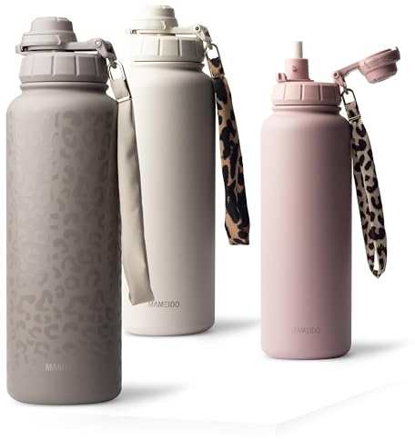 MAMEIDO Thermosflasche mit Strohhalm 700 ml, auslaufsichere Trinkflasche Edelstahl isoliert, Wasserflasche mit Trageschlaufe, Isolierflasche BPA-frei (Sleek Leo)