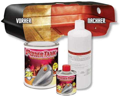 POWER TANK - Tankversiegelung Motorrad 2k Rot 1,3 Kg Set Tankentroster Innen Versiegelung Tanksanierung Schutzemulsion Rost Tank Entrosten Und Versiegeln Tankinnenlack Tankbeschichtung Rostlöser Auto