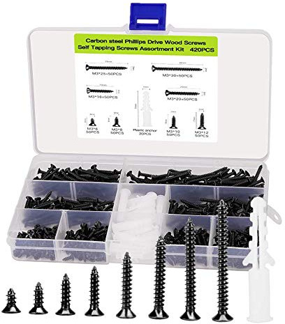 M3 Flat Head Wood Screws Assortment Fasteners Kit 420pcs,Phillips Drive Countersunk Head Self-Tapping Screws,Carbon Steel,Contains 20pcs M6 Screw Anchors