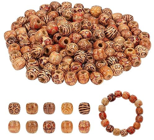 MUYAPAY 300stk Holzperlen mit großem Loch,Gedrucktes Muster Natürliche Ovale Holzperlen, Auffädeln Holzkugel Abstandshalter Perlen Bastelnperlen für Dekorative DIY-Kunst,Deko