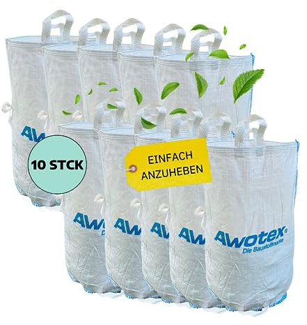 AWOTEX 10 Garten-Abfallsäcke I 200 Liter Füllmenge I Abfallsack Garten mit 5 Griffen I Gartenabfallsack für die Baustelle aus PP I langlebige Säcke für Gartenabfälle 55 x 85 cm