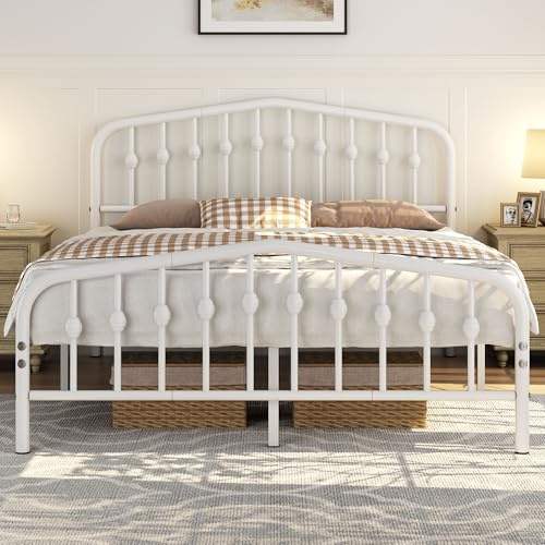 Yaheetech 5ft King Bed Frame Slatted Metal Bed with Crown-inspired Design Headboard/Spacious Under-bed Storage White | 135x190cm, 363kg weight capacity, 32cm under-bed storage, headboard and metal slats, no box spring needed, easy assembly