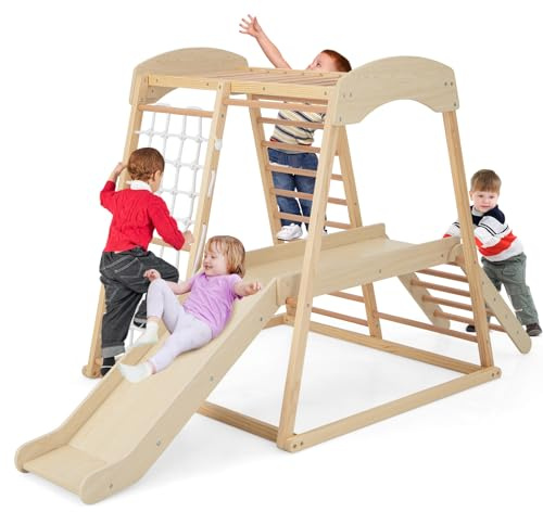 COSTWAY Parque Infantil para Interior 6 en 1, Montessori Parque Infantil Barras, Tobogán, Cuerda y Escaleras de Madera, Juego Escalador de Juguete con Anclajes para Niños 1+ Año (Natural)
