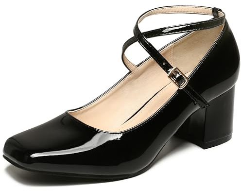 Perphy Zapatos de Charol Mary Jane Zapatos con Tiras Cruzadas y tacón de Bloque para Mujer Negro 40