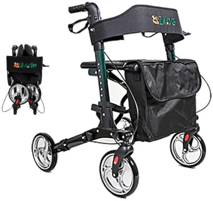SoNa24 Leichtgewicht Rollator-moosgrün metallic | Antar AT51006 | dreifach faltbar für Reise, Auto, Flug, Zug | Set incl. Stockhalter, Rückengurt, Tasche, Ankipphilfe
