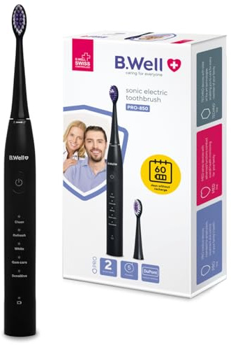 B.Well Swiss PRO-850 – Brosse à dents électrique sonique – 5 modes – autonomie 2 mois – minuteur intégré – 2 têtes de brosse premium – couleur noire