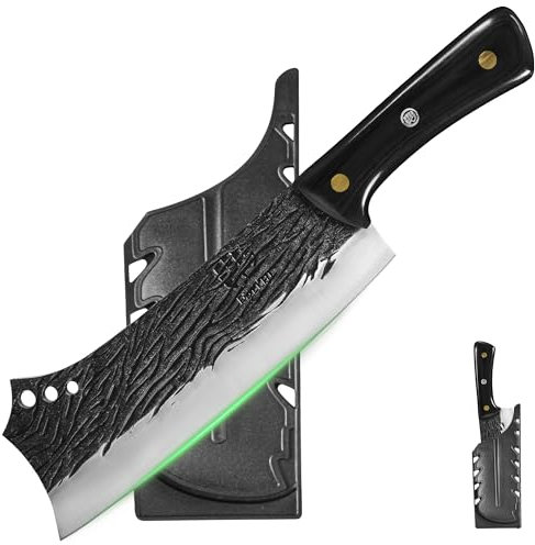 FULLHI Slaktarkniv Handsmidd kraftig köttyxa kockkniv med slida svart högkolstål köttskärande köksknivset för kök camping BBQ (Svart, 8.3 inch)