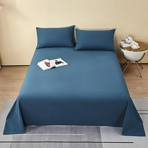 HAIBA Bettlaken ohne Gummizug 245x250cm Dunkelblau Klassische Bettlaken Betttuch Laken 100% Baumwolle ohne Gummizug mit 2 Kissenbezug