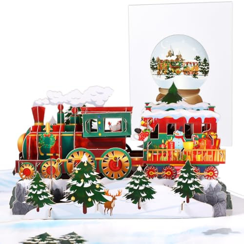 CNLITIHEKA Train Christmas Card, Christmas Train Pop Up Cards, Pop Up Christmas Card, 3D Handmade Xmas Greeting Card, Happy New Year, Thanksgiving, Includes Envelope.