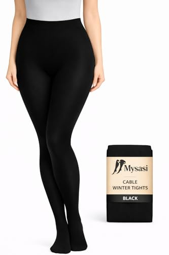 MYSASI Women’s Thick Cable Winter Tights – Warm Thermal Patterned Fashion Hosiery, Black, Size M