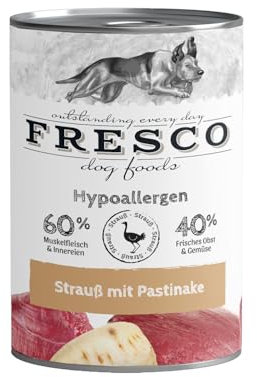 FRESCO Dog Hypoallergen-Menü Strauß mit Pastinake - hypoallergenes Hundefutter Nassfutter 12x 400g in Barf-Qualität