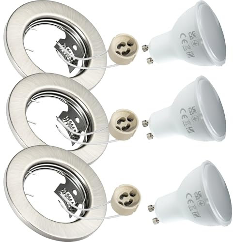 JungesLicht 3x Einbaustrahler GU10 230V 1W LED Leuchtmittel warmweiß 3000Kelvin, Außen 80mm, Bohrdurchmesser 55-68mm passend, Einbautiefe mind. 60mm, 3er Set Einbauspot, Einbaurahmen, Deckenpot