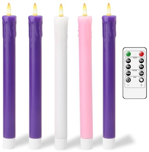 Lezonic Flameless Advent Candles Battery Operated with Remote, Set of 5 Wax Christmas Taper Nativity Candles, LED Advent Wreath Candles for Church Home Christian Decor, 3 Purple & 1 Pink & 1 White