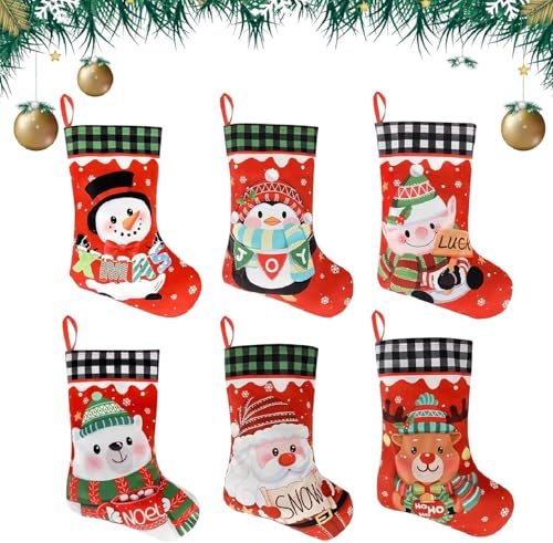 Rayakt 6 PCS Large Christmas Candy Stockings, 15 in Santa Stockings for Fireplace Hanging, Xmas Socks with Santa Snowman Elk Pattern, Christmas Tree Hanging Bags for Candy Family Holiday Decorations