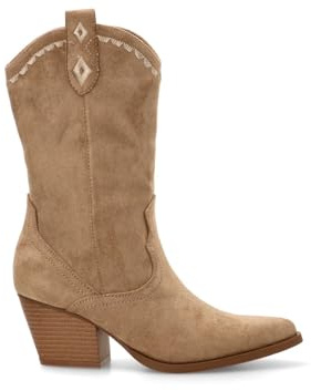 Etika Botas Camperas de Media Caña para Mujer, Bota de Estilo Cowboy con Tacón Cubano de 6,5cm, Acabado en Antelina y Cremallera, Modelo 110543 Taupe - 39