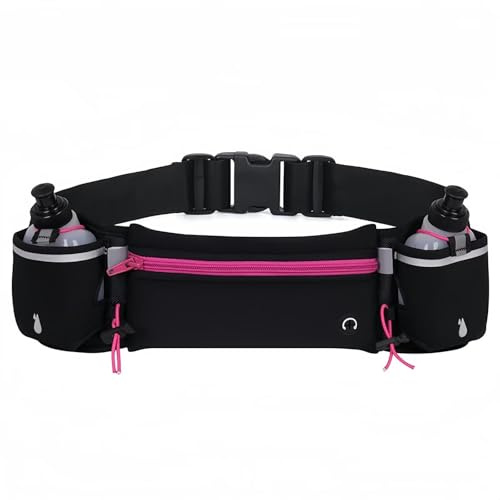 ROSSRORE Running Belt with Water Bottles Anti-Bounce for Women Gym Training | Red Running bag with BPA-free Water Bottles no-bounce design Machine washable with SBS zippers fits 29-42 hips