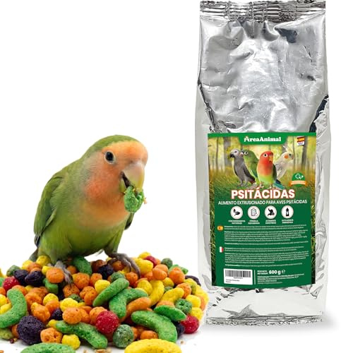 AreaAnimal - Alimento para Aves Psitácidas 600G, Comida Agapornis, Comida Periquitos, Ninfas, Loros... con Ingredientes Naturales, Alimento para Pajaros Psitácidas Extrusionado Completo y Equilibrado