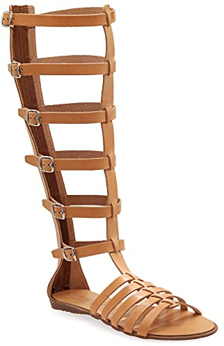 40 beige Emmanuela Anciens Sandales en cuir Gladiateurs à la main en cuir, genou haut avec fermeture à glissière arrière sur la tige, chaussures d'été à plat avec des bretelles pour femmes