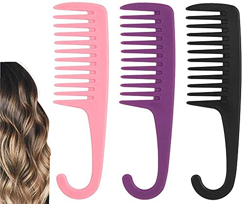 Peignes de douche,3 Pièces Peigne à Dents Larges, Brosse à Cheveux en Plastique Peigne à Dents Démêlant, Large Peigne de Shampooing de Salon avec Crochet pour Cheveux Bouclés Longs Droits Humides