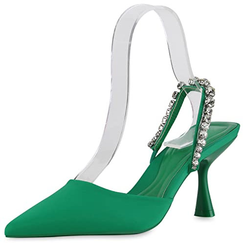 VAN HILL Damen Pumps Slingpumps Party Stiletto Schuhe Strass Freizeit Partyschuhe Elegante Satin-Optik Abendschuhe 210768 Grün 39