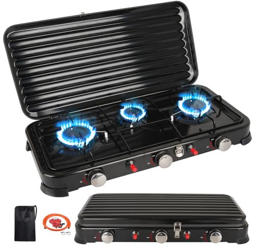 Portable Rechaud Gaz, Réchauds de camping 3 Feux 5.4KW, Rechaud Camping Gaz Auto Allumage Piézo, Réchauds de camping pour Extérieur avec Tuyaux 150 cm et Régulateur de 37 mbar