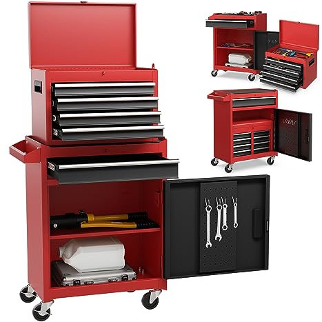 COSTWAY Large Rolling Tool Cabinet, 2-in-1 Detachable Metal Tool Chest with Drawers, Wheels, Handle & Hooks, Lockable Tool Box Trolley for Garage Workshop (5 Drawer with Adjustable Shelf, Red+Black)