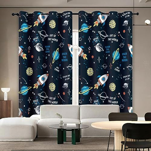 HYFBH Niedliche Astronauten-Fenstervorhänge, Raumschiff, Rakete, Mond, Ösen, Verdunkelungsvorhang, Galaxie, Stern, Weltraum, Vorhänge für Kinderzimmer BxH/2x140x270cm vorhänge