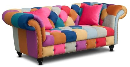 Velvet Patchwork Fabric 2 Seater Chesterfield Sofa Loveseat, Classic Couch Scroll Arms Buttoned Back, Bold Accent Velvet Settee, 3 and 2 Seater Sofa Sets Available, Living Room Furniture